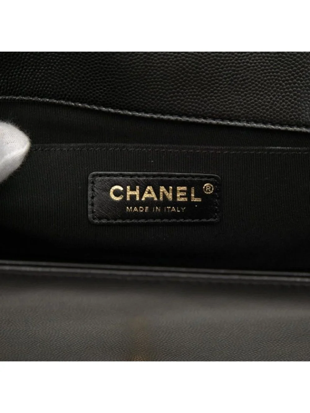 Chanel CC Logo Boy 25 Chain Shoulder Bag Black Gold Caviar Leather